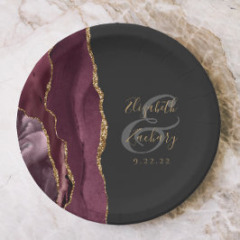 Prato De Papel Noiva Script Dourado Mármore Ágata Borgonha Casame