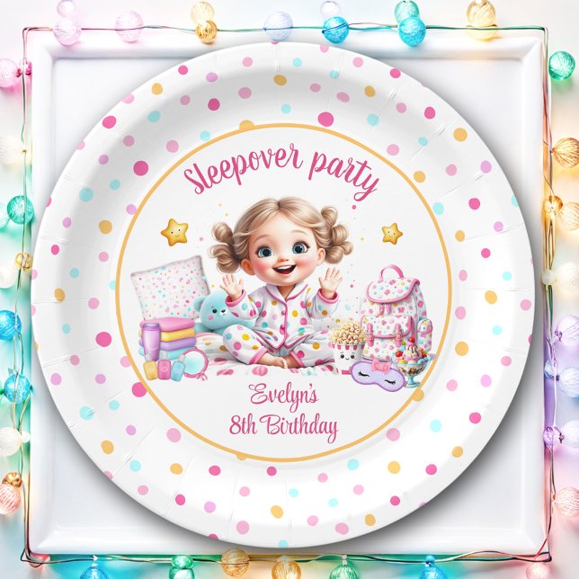 Prato De Papel Noivado de Menina Rosa-Rosa do Partido do Sono (Sleepover Slumber Party Pink Cute Girl Birthday Paper Plates)