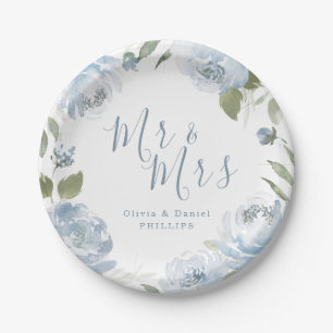 Prato De Papel Noivos azul empoeirado aguarela floral casamento