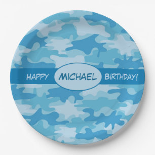 Prato De Papel Nome azul do feliz aniversario da camuflagem