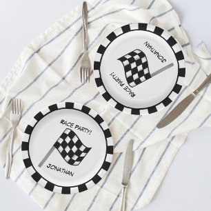 Prato De Papel Nome Checkered branco preto do partido da raça da