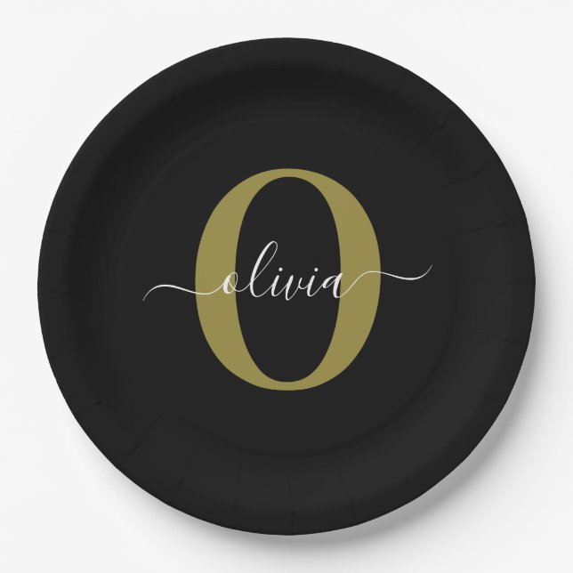 Prato De Papel Nome com Letra Inicial Personalizada Preto Branco  (Frente)