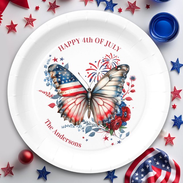 Prato De Papel Nome da Família do Dia da Independência Patriótica (4th of July Patriotic Independence Day Family Name Paper Plates)