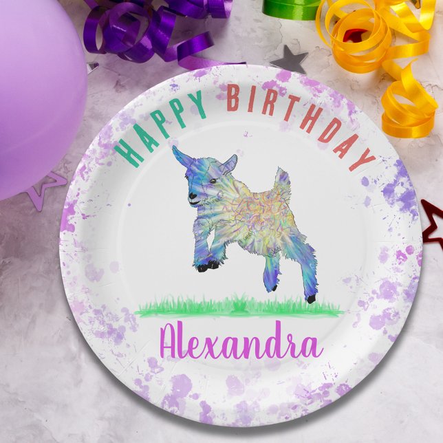 Prato De Papel Nome da Festa de Aniversário das Meninas do Bode P (Colorful cute pigmy goat jumping girls name personalized birthday party paper plate)