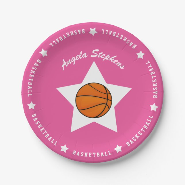 Prato De Papel Nome das Estrelas de Basquete Rosa (Frente)