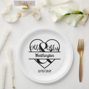 Prato De Papel Nome Data Coração Monograma Casamento