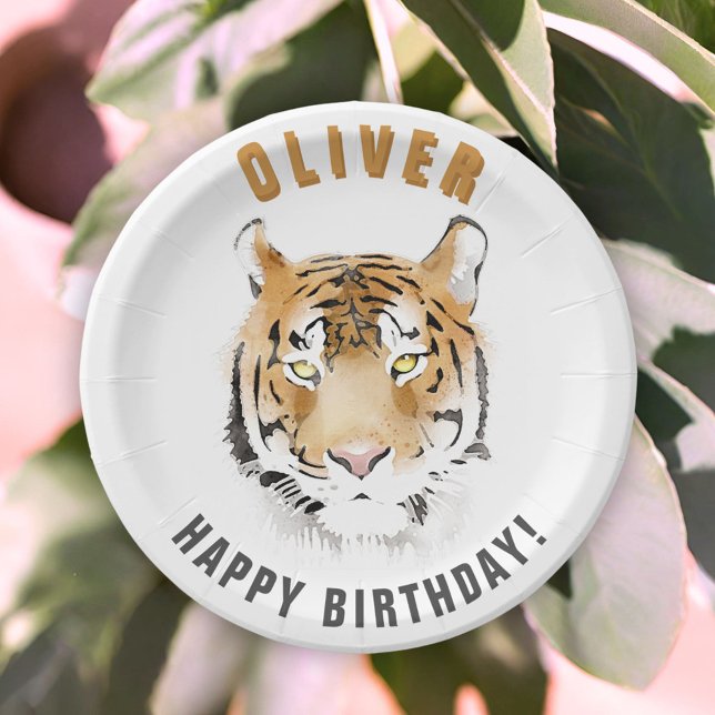 Prato De Papel Nome de Aniversário do Cabeçalho do Tigre (Criador carregado)