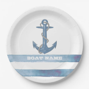 Prato De Papel Nome de Barco Náutico, Âncora, Corda, Listras Azul