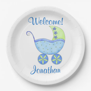 Prato De Papel Nome de boas-vindas personalizado do Blue Baby Boy