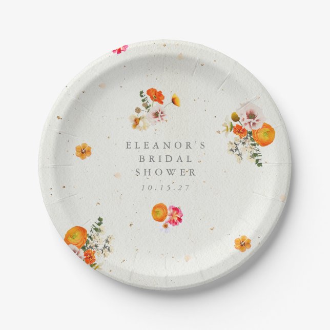 Prato De Papel Nome de Chuveiro de Noiva Floral Boho Laranja Cott (Frente)