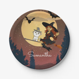 Prato De Papel Nome de Feliz Halloween da Bruxa Personalizada