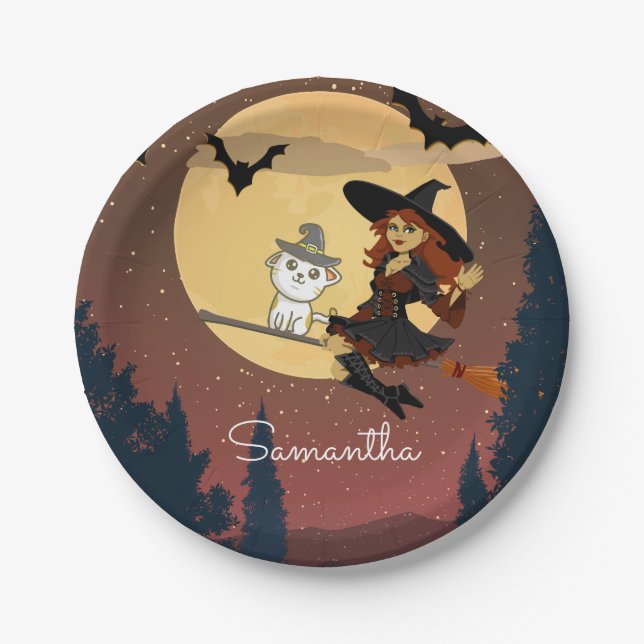 Prato De Papel Nome de Feliz Halloween da Bruxa Personalizada (Frente)