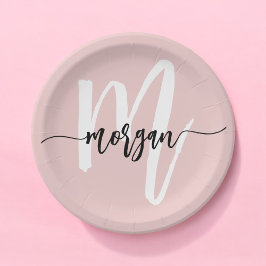 Prato De Papel Nome de Monograma Feminino Moderno em Script Rosa 