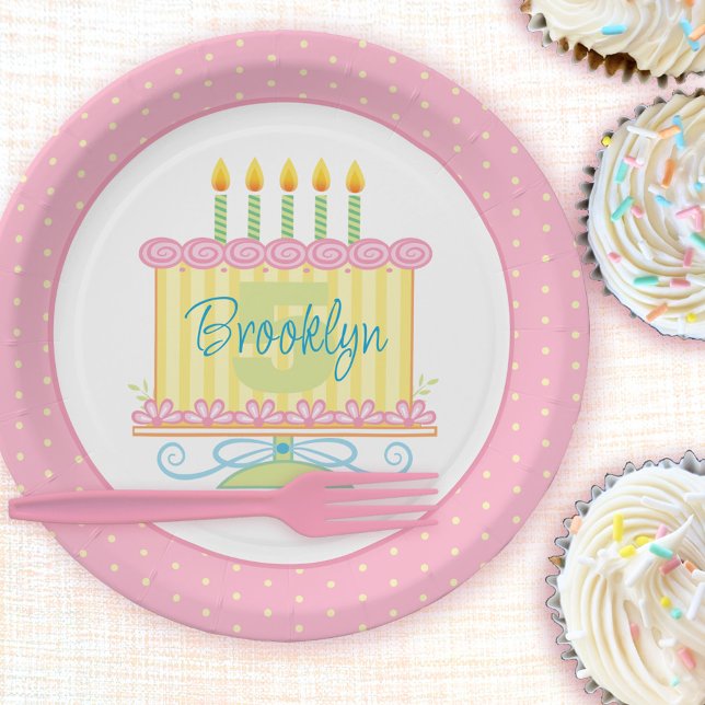 Prato De Papel Nome do Bolo de Aniversário do 5 Amarelo Rosa (Criador carregado)