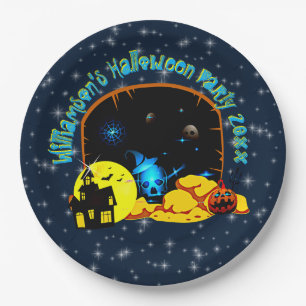 Prato De Papel Nome do Halloween 20xx Cave Blue Glow Skull Pumpki