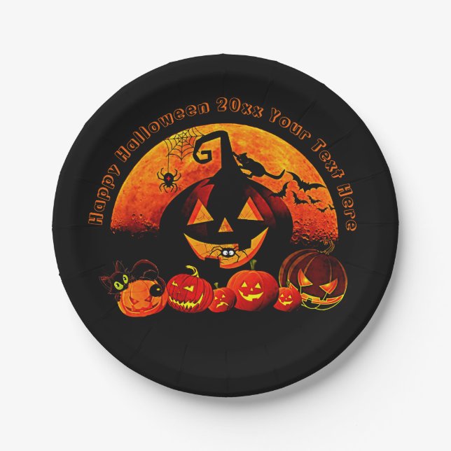 Prato De Papel Nome do Halloween Ano 20xx Glow Pumpkin Cat Web 7" (Frente)
