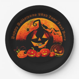 Prato De Papel Nome do Halloween Ano 20xx Glow Pumpkin Cat Web 9"