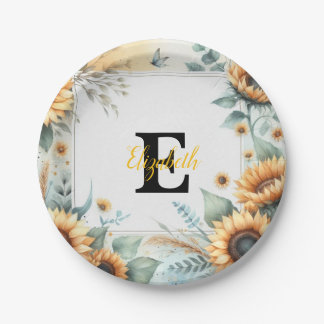 Prato De Papel Nome do monograma cor d'água pastel de girassol fl