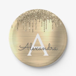 Prato De Papel Nome do Monograma Dourado Glitter Brugado Metal
