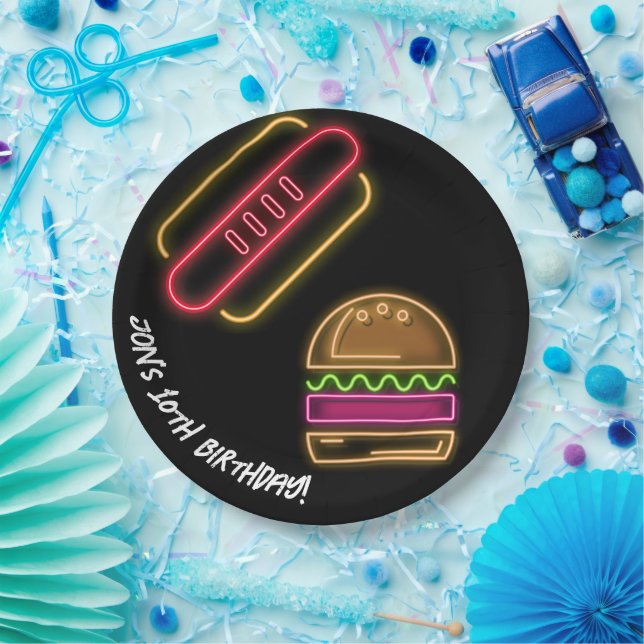 Prato De Papel Nome do Monograma Neon Fast Comida Vibrante (Festa)