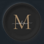 Prato De Papel Nome do Script Moderno do Monograma Dourado Preto<br><div class="desc">Simples Monograma Dourado Preto Moderno Monograma Nome do Script Feminino Moderno Folha de Papel</div>