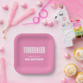Prato De Papel Nome do Threenager aniversário de 3 anos White Tex