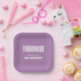 Prato De Papel Nome do Threenager aniversário de 3 anos White Tex