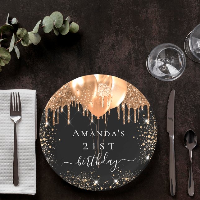 Prato De Papel nome dos balões festa de aniversário preto de ouro (Criador carregado)