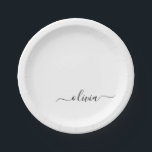 Prato De Papel Nome Moderno do Monograma de Script Negra Branca<br><div class="desc">Monograma Branco e Preto Adicione suas Próprias Placas de Grupo de Script. Isto faz o doce e perfeito aniversário de 16 anos,  casamento,  chá de panela,  aniversário,  chá de fraldas ou festa de solteira presente para alguém que ama luxo de luxo e estilos quíticos.</div>