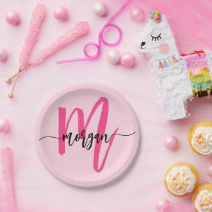 Prato De Papel Nome Monograma Feminino Moderno em Letra Cursiva R