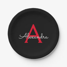 Prato De Papel Nome Monograma Feminino Roscas Vermelho Preto