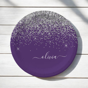 Prato De Papel Nome Monograma Glitter Roxo Prateado Menina