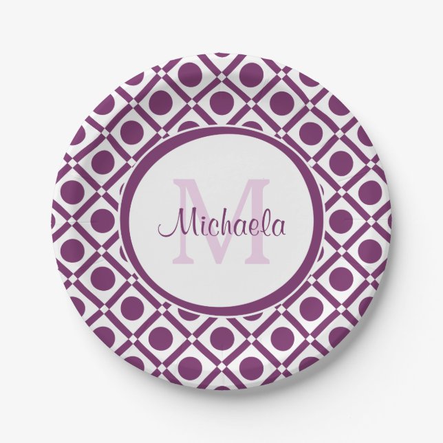 Prato De Papel Nome Monogramado Geométrico Moderno Roxo e Branco (Frente)