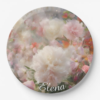 Prato De Papel Nome Peônias Brancas e Rosas Pintura em Aquarela