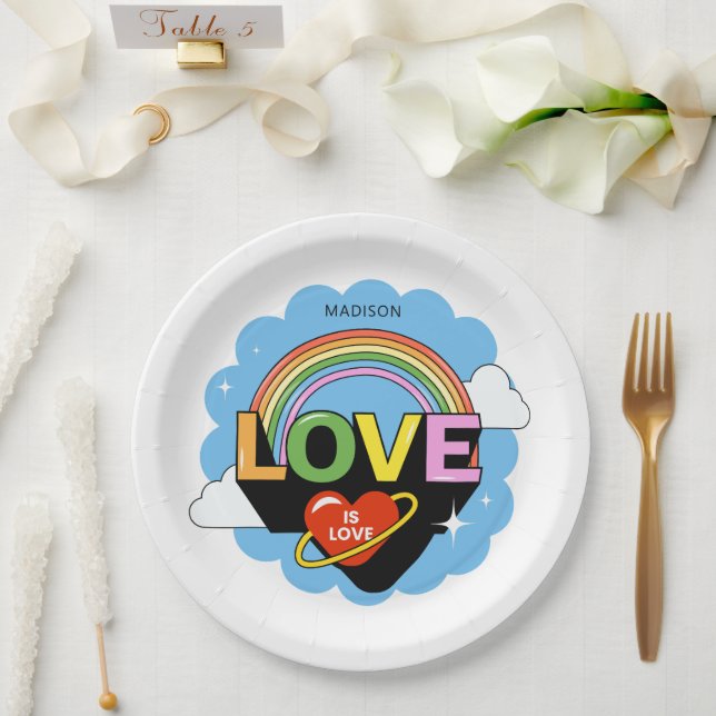 Prato De Papel Nome Personalizado "Amor É Amor" (Casamento)