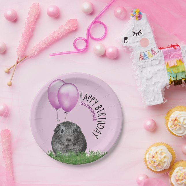Prato De Papel Nome Personalizado Aniversário Guiné Pig Roxo Balõ (Festa)
