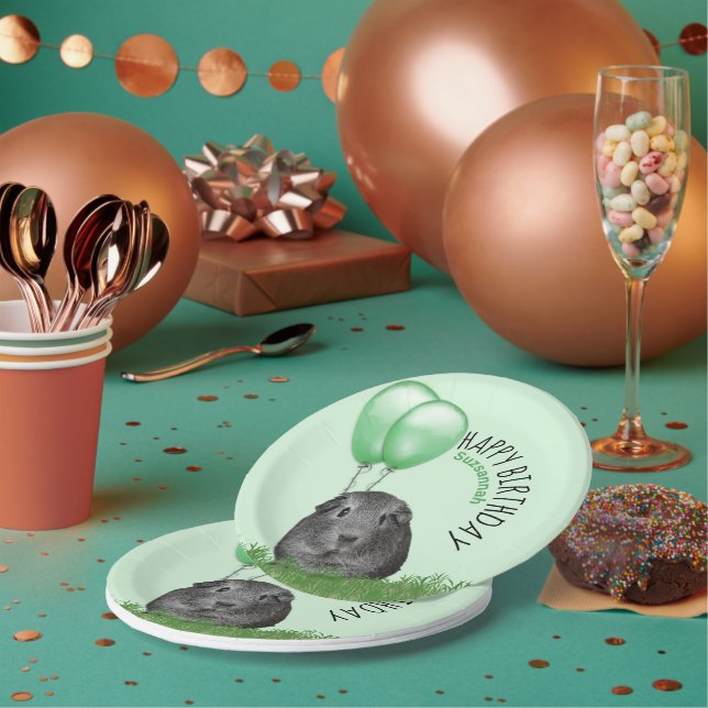 Prato De Papel Nome Personalizado Aniversário Guiné Porco Balões  (Múltiplo)