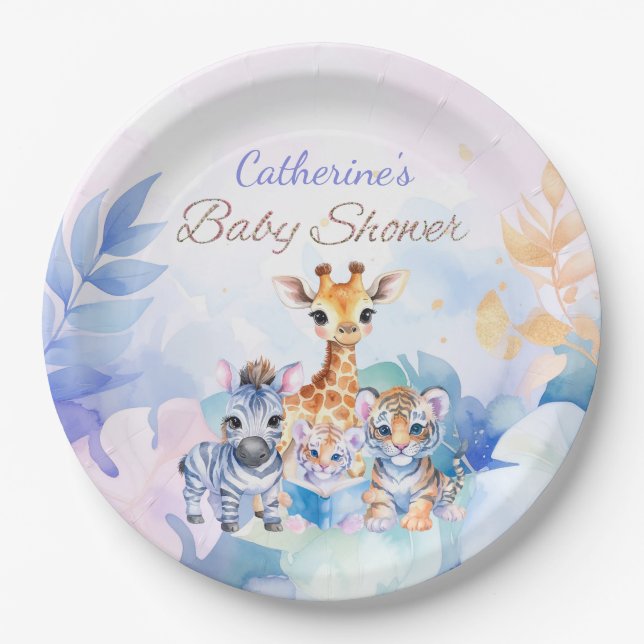 Prato De Papel Nome Personalizado Bebê Zebra, Girafa e Tigre (Frente)