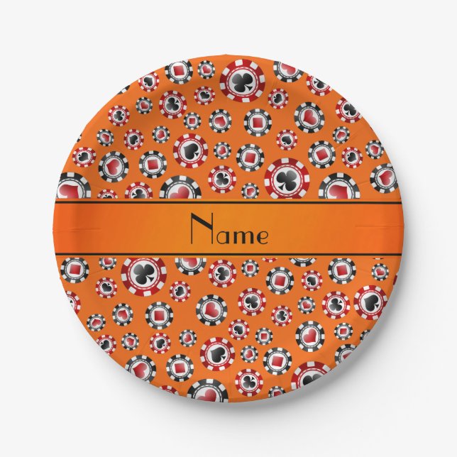 Prato De Papel Nome personalizado chips de pôquer laranja (Frente)