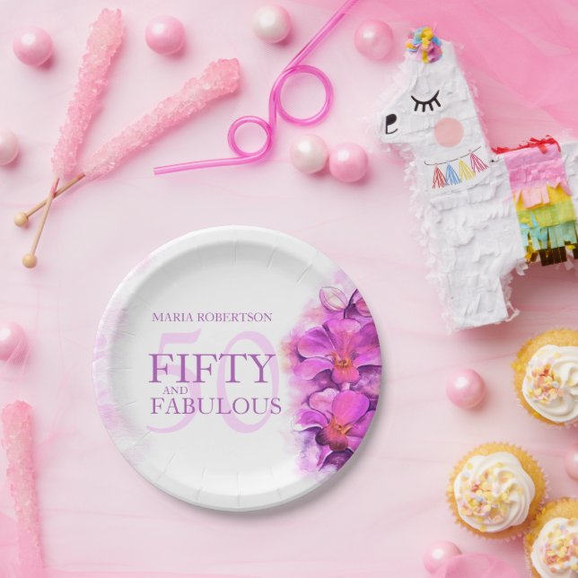 Prato De Papel Nome personalizado da flor de orquídea de aquarela (Festa)