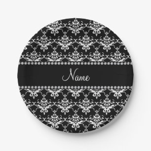 Prato De Papel Nome personalizado Damasco branco preto