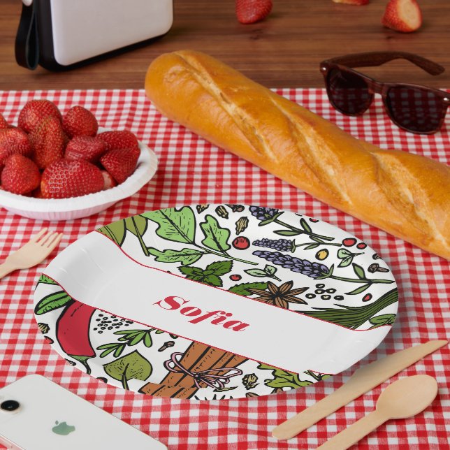 Prato De Papel Nome personalizado do padrão de Especiarias branco (Piquenique)