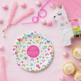 Prato De Papel Nome Personalizado do segundo aniversário do Rainb