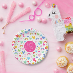 Prato De Papel Nome Personalizado do segundo aniversário do Rainb