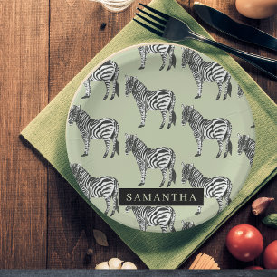 Prato De Papel Nome Personalizado e Padrão Selvagem de Zebra Sel