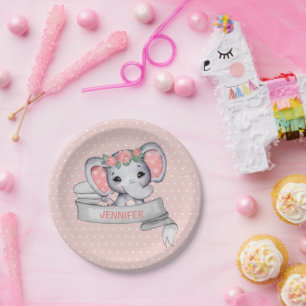 Prato De Papel Nome Personalizado Elephant Baby Girl Pink & Cinza
