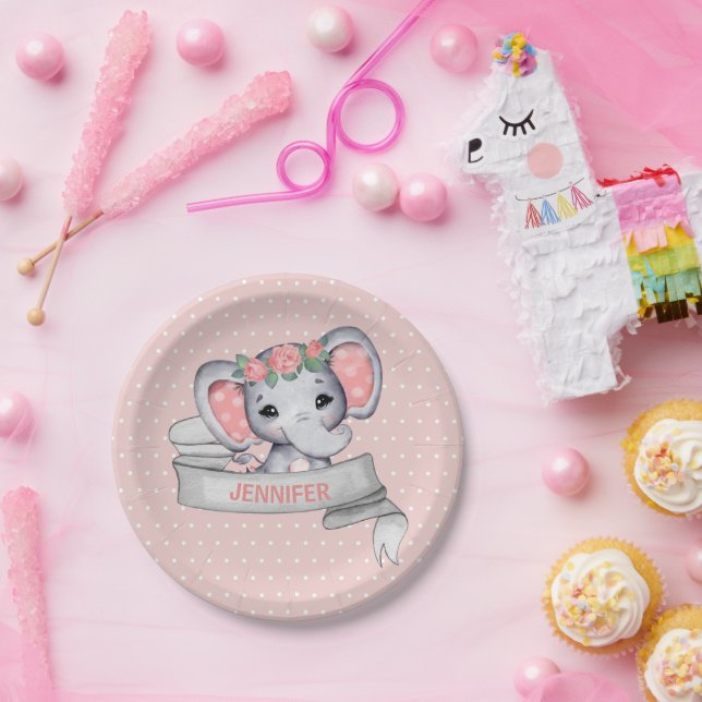 Prato De Papel Nome Personalizado Elephant Baby Girl Pink & Cinza (Festa)