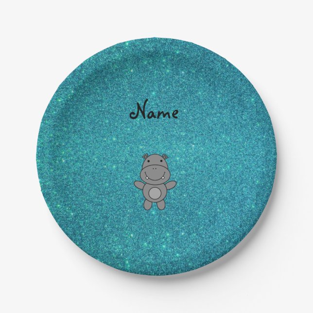 Prato De Papel Nome personalizado hippo turquoise glitter (Frente)