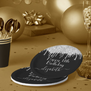 Prato De Papel Nome Personalizado + Idade Prata Brilho Gotejante