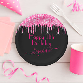 Prato De Papel Nome Personalizado + Idade Rosa Vibrante Brilho qu